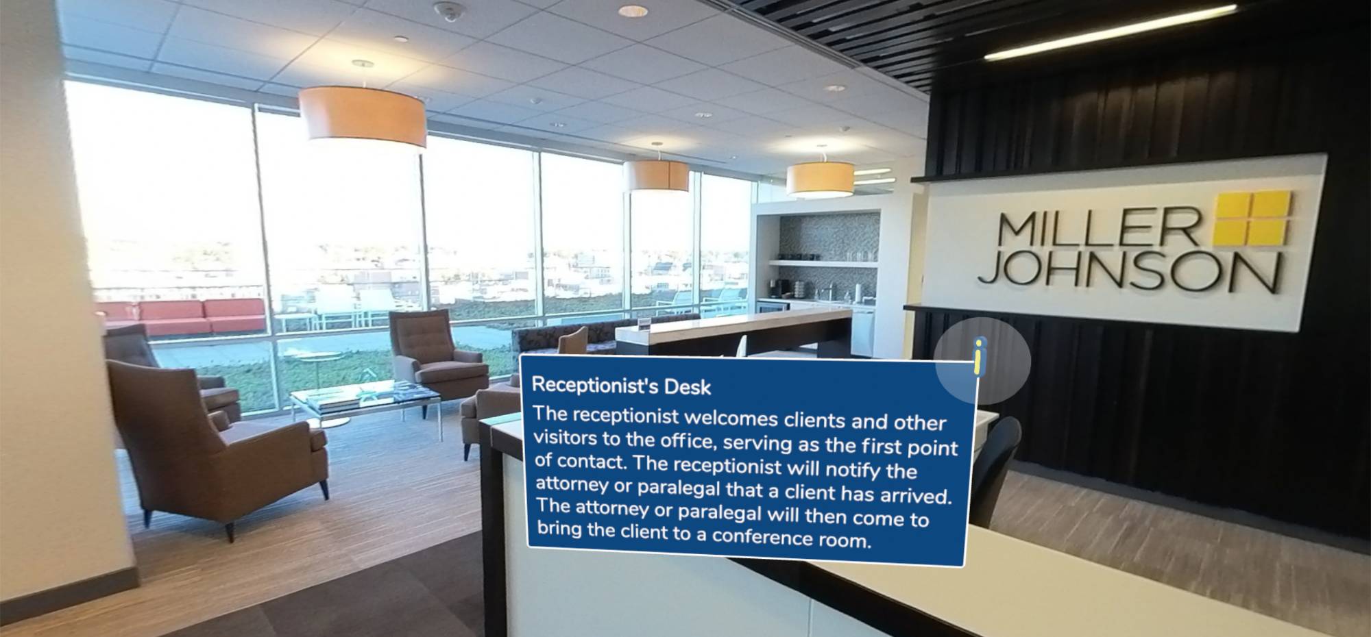 a 360 degree tour of the receptionist's desk in a law office.